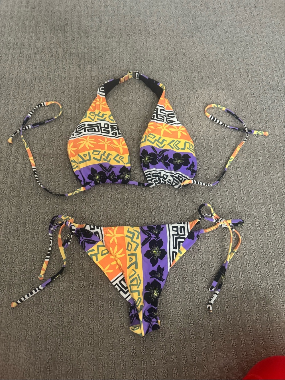 Tropical Floral Stripe Tie-Side Bikini - Orange, Purple, Yellow